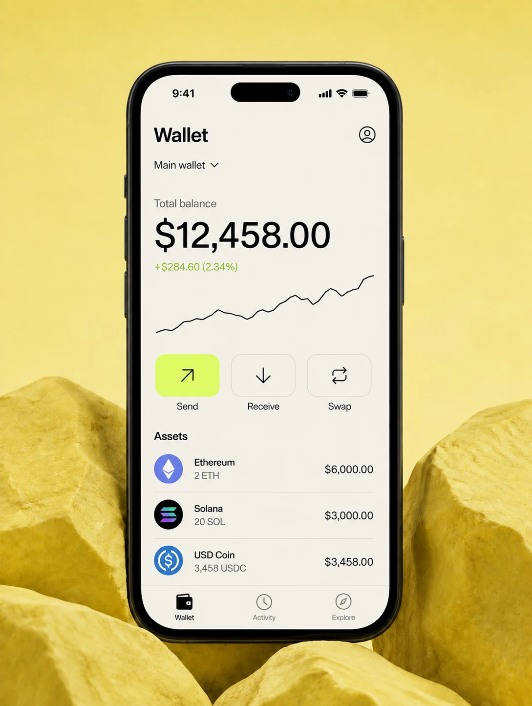 A Web3 wallet showing a portfolio balance, token holdings, and send, receive, and swap actions on a phone against a warm yellow sculptural backdrop.